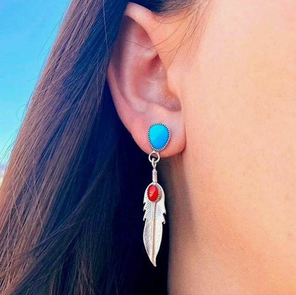 Pop Vintage Boho Feather Turquoise Drop Feather Earrings. - Picture 3 of 6